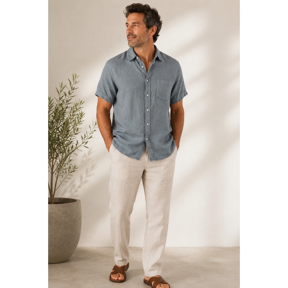 Thom Aaron 100% European Flax Linen Button Front Shirt Blue Short Sleeve Men XL